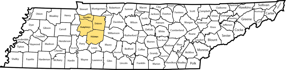 Map of Tennesee counties highlighting the counties serviced by Collier Appraisal